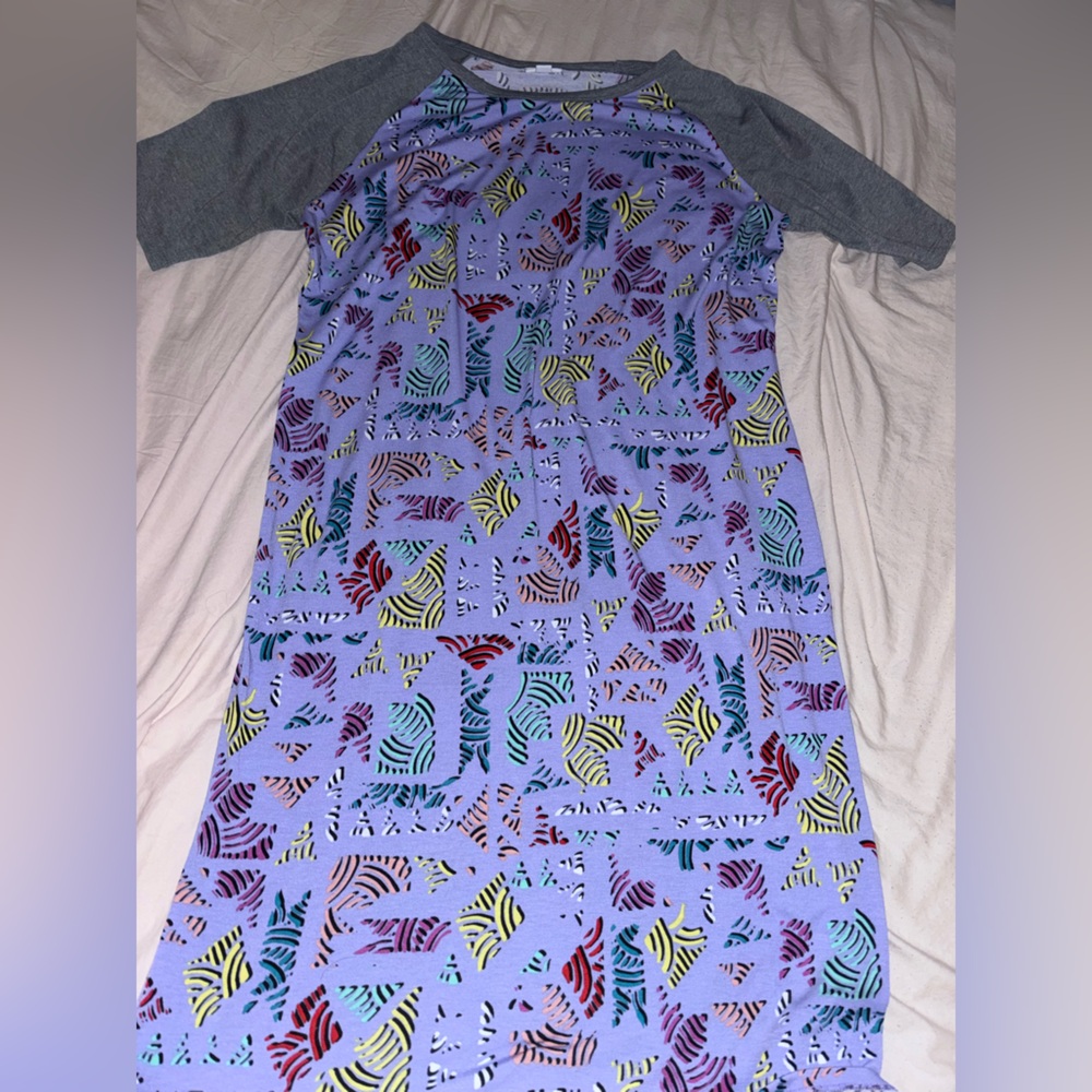 LuLaRoe Julia Purple Dress with Multicolor Leaf Pattern